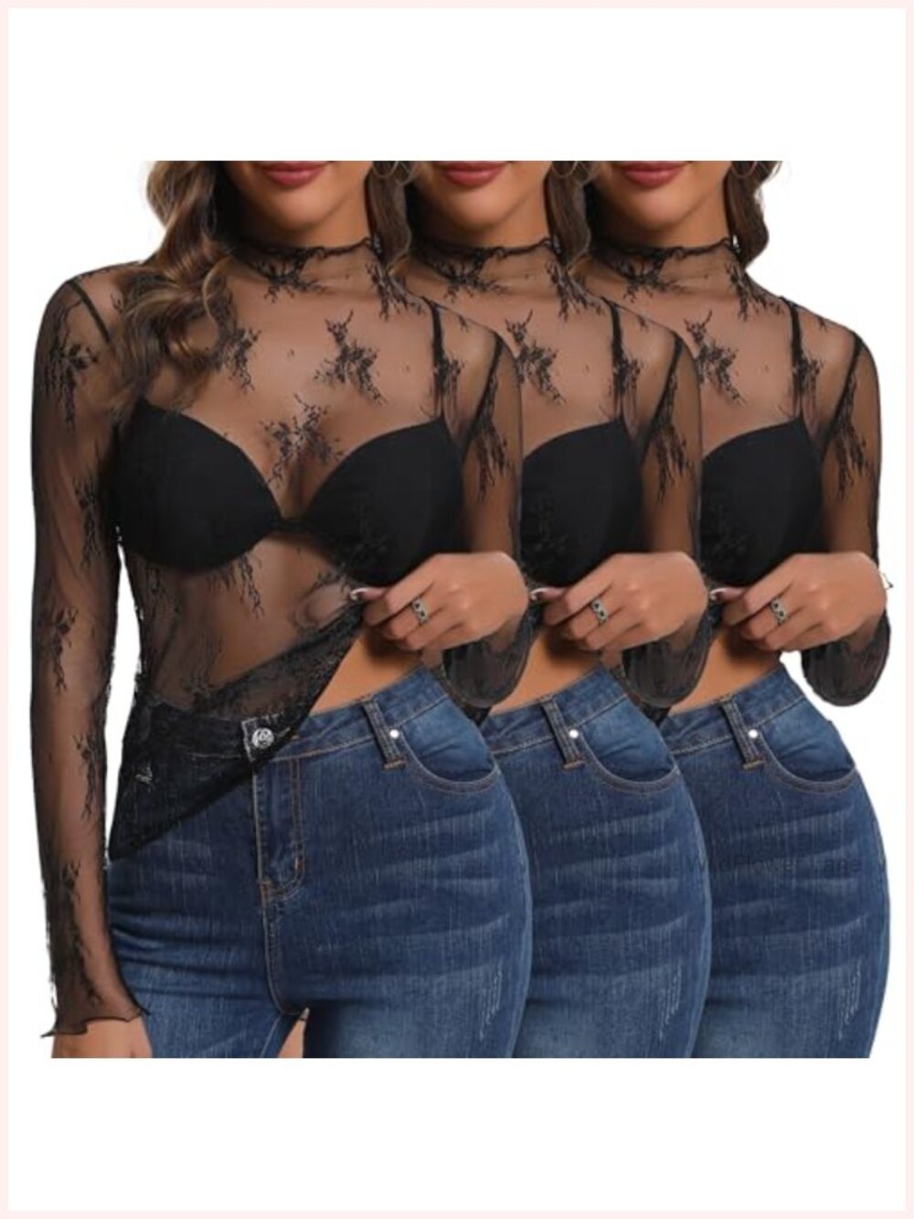 Women's Sheer Lace Long Sleeve Mock Neck Blouse Slim Fit Top